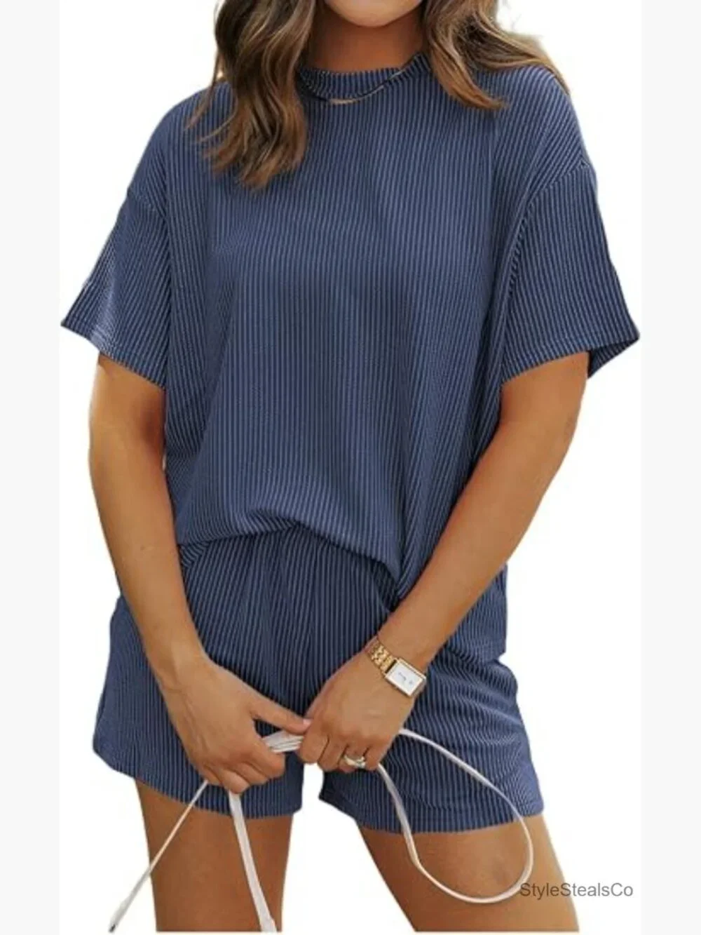 Two Piece Lounge Set Short Sleeve Top High Waisted Shorts Pockets Matching Set